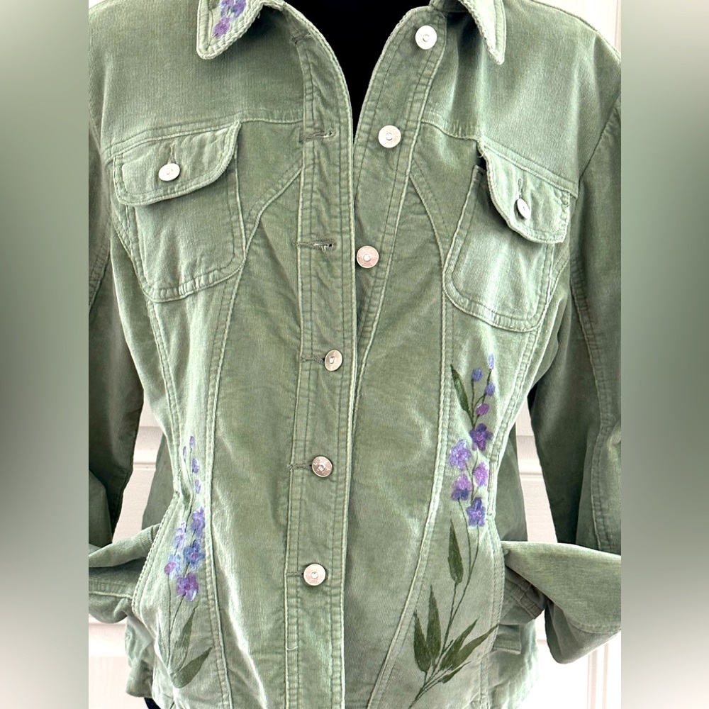 Daffy-Dills Thin Wale Corduroy Jacket, in Sage Green with hand-painted floral, L
